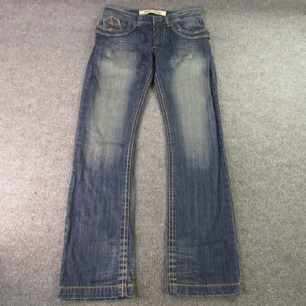 Y2K Jean Men 34x35 Low Rise Straight Distressed Whiskered Blue Denim Embellished